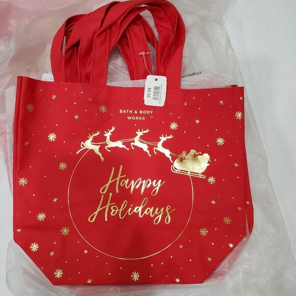 Bath and Body Works Canvas Gift Bag Red with Gold Happy Holidays Double Handle - Picture 2 of 4